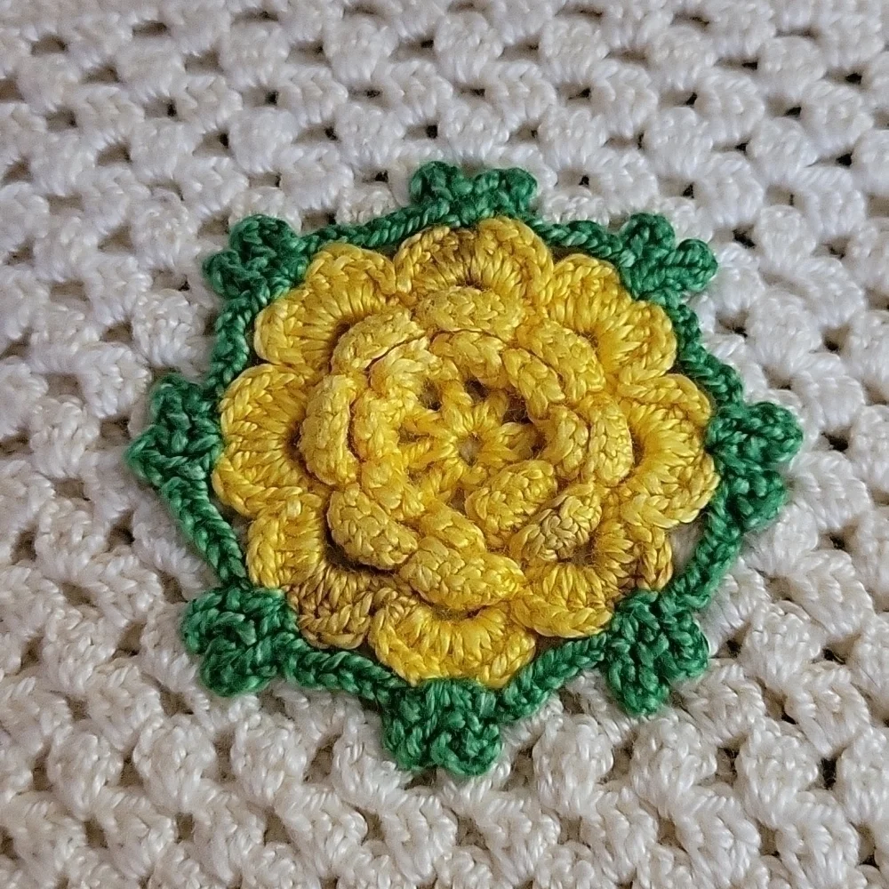 𝅺VTG Handmade Crochet Yellow Puff Rose Cottage Pot Holders Set